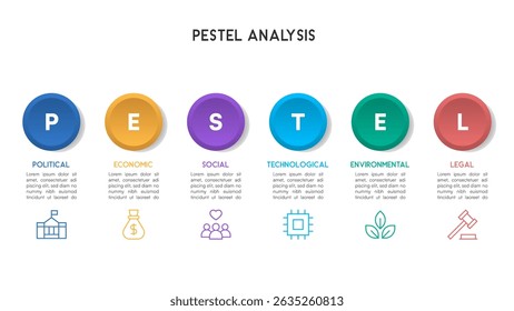 PESTEL Analysis Infographic with 3D Circular Buttons and Minimalist Line Icons Vector Illustration