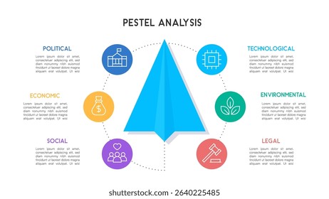 PESTEL Analysis Infographic with Central Paper Plane Shape and Circular Factor Icons Vector Illustration