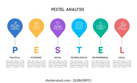 PESTEL Analysis Infographic with Color-Coded Pin Drop Icons and Business Strategy Framework Vector Illustration