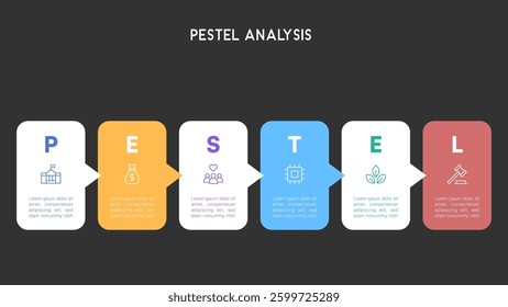 PESTEL Analysis Infographic with Colored Tabs on Dark Background Vector Illustration