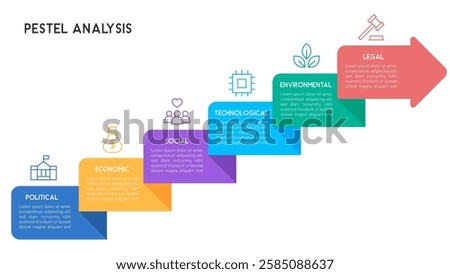 PESTEL Analysis Infographic with Diagonal Arrow Flow Design for Corporate Strategy and Decision Making Vector Illustration