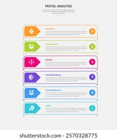 PESTEL analysis infographic outline style with 6 point template with creative rectangle box on vertical stack structure for slide presentation vector