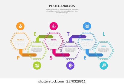 PESTEL analysis infographic outline style with 6 point template with hexagon and arrow direction up and down for slide presentation vector