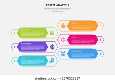 PESTEL analysis infographic outline style with 6 point template with long hexagon shape opposite direction for slide presentation vector