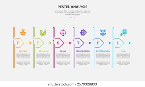 PESTEL analysis infographic outline style with 6 point template with creative table line with creative arrow continous right direction for slide presentation vector