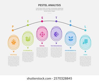 PESTEL analysis infographic outline style with 6 point template with round rectangle vertical on round timeline curve horizontal for slide presentation vector