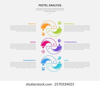 PESTEL analysis infographic outline style with 6 point template creative arrow shape swirl combination opposite direction for slide presentation vector