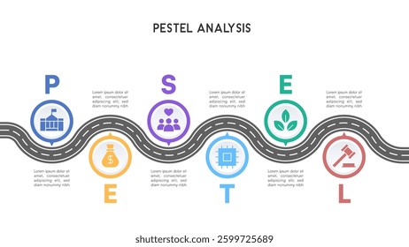 PESTEL Analysis Infographic with Roadmap and Circular Icons Vector Illustration