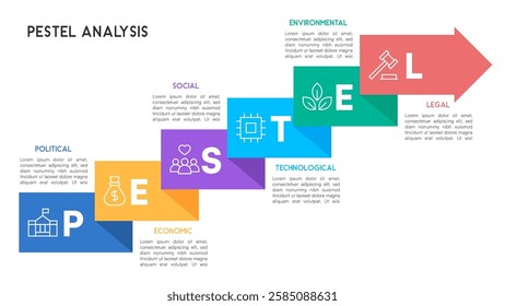 PESTEL Analysis Infographic with Staggered Step Arrow Layout for Business Strategy Vector Illustration