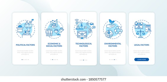 PESTEL analysis onboarding mobile app page screen with concepts. Different communicational troubles walkthrough 5 steps graphic instructions. UI vector template with RGB color illustrations
