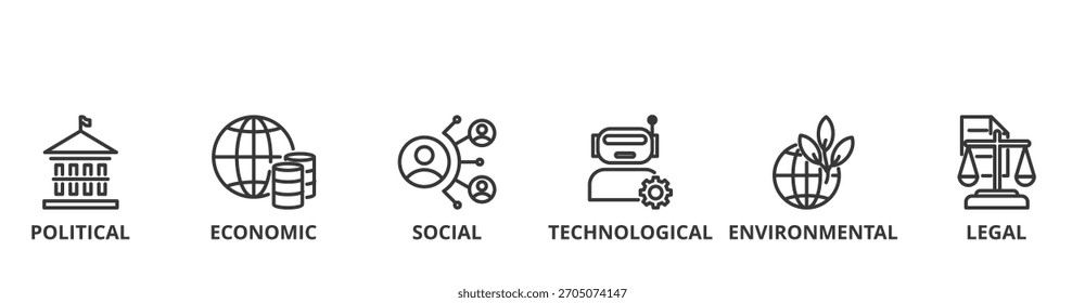 Concepto de Ilustración vectorial de Anuncio PESTEL con ícono de política, económica, social, tecnológica, ambiental y legal