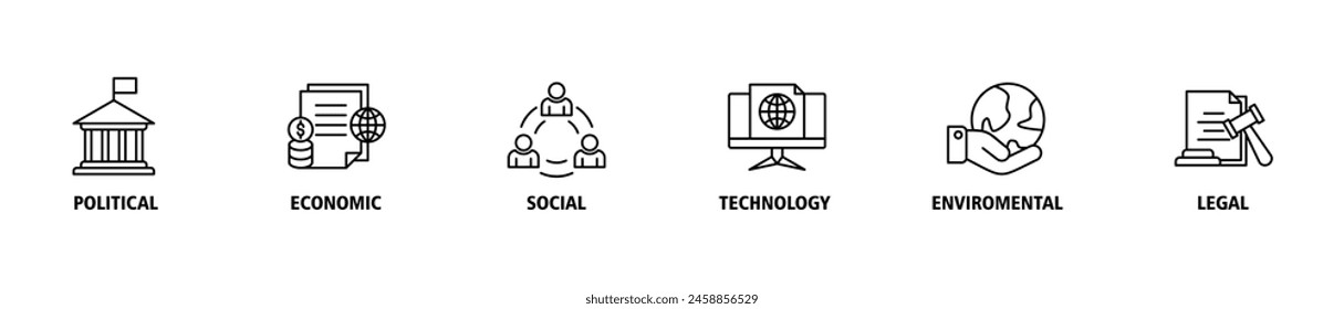 Pestel Banner Web Icon Set Vektorillustration Konzept der politischen, wirtschaftlichen, sozialen und technologischen Umwelt Recht mit Icon der Governance, Finanzen, Netzwerk, Automatisierung, Ökologie, Law Statement