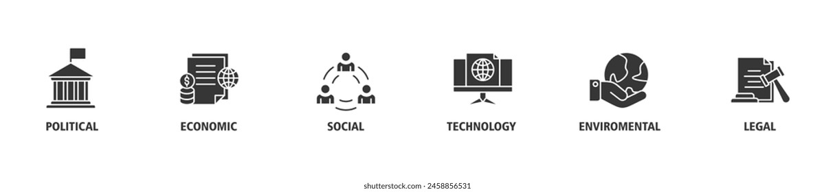 Pestel Anuncio Web icono conjunto concepto de Ilustración vectorial de política económica social tecnológica ambiental legal con icono de gobernanza, finanzas, red, automatización, ecología, declaración de ley