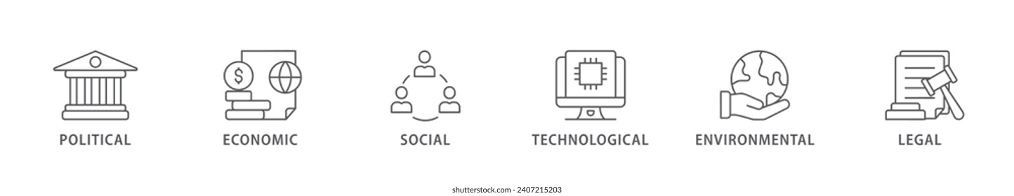 Pestel banner icono web ilustración vector concepto de política económica social, social, ambiental legal con ícono de gobernanza, finanzas, red, automatización, ecología, declaración de ley