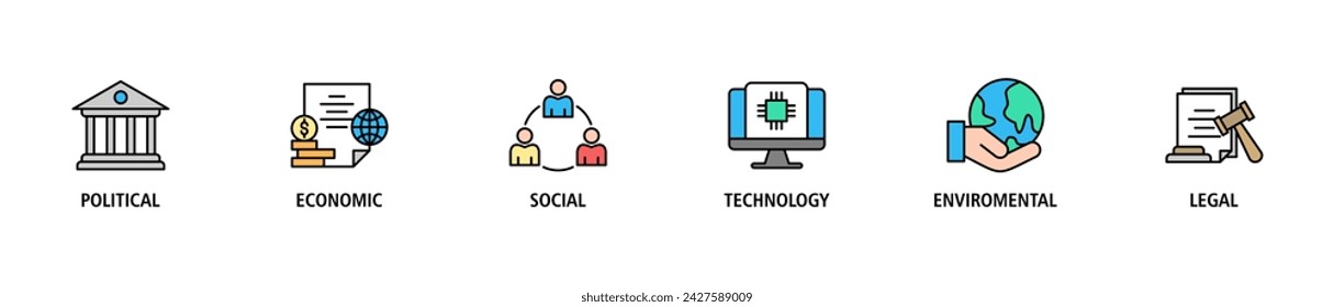 Pestel banner web icono vector concepto de ilustración de la política económica social tecnológica ambiental legal con icono de gobernanza, finanzas, red, automatización, ecología, declaración de ley