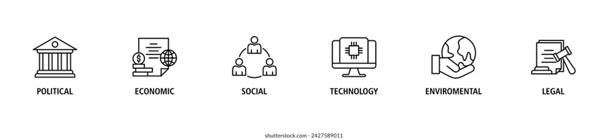 Pestel banner web icono vector concepto de ilustración de la política económica social tecnológica ambiental legal con icono de gobernanza, finanzas, red, automatización, ecología, declaración de ley