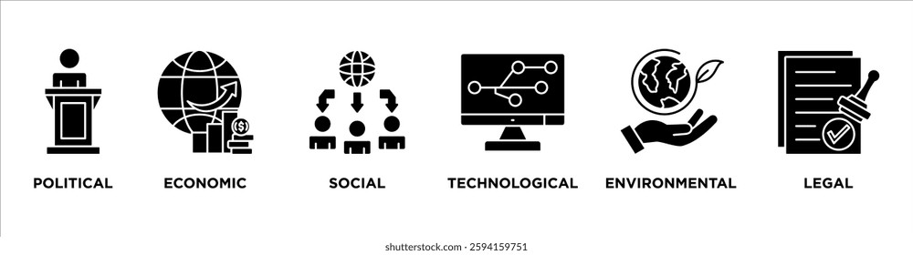 Pestel banner web icon vector illustration concept of political economic social technological environmental legal with icon of governance, finance, network, automation, ecology, law statement