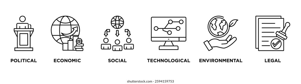 Pestel banner web icon vector illustration concept of political economic social technological environmental legal with icon of governance, finance, network, automation, ecology, law statement