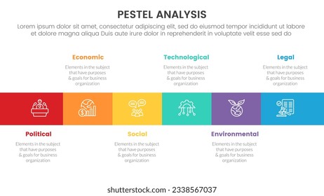 pestel business analysis tool framework infographic with square box right direction 6 point stages concept for slide presentation vector