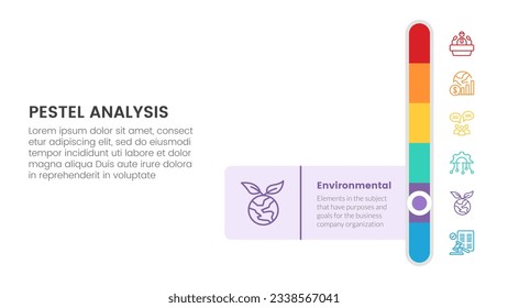 pestel business analysis tool framework infographic with vertical bar slide 6 point stages concept for slide presentation vector