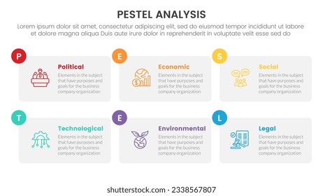 pestel business analysis tool framework infographic with table box and small circle badge 6 point stages concept for slide presentation vector