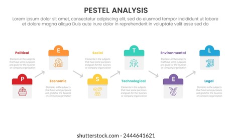 infografía del marco de herramientas de análisis de negocios pestel con estilo de fecha de calendario arriba y abajo concepto de etapas de 6 puntos para presentación de diapositivas