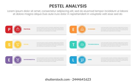 pestel business analysis tool framework infographic with long rectangle shape and outline circle 6 point stages concept for slide presentation