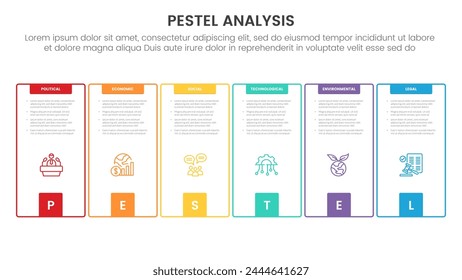 pestel business analysis tool framework infographic with creative outline box with square bottom accessories 6 point stages concept for slide presentation