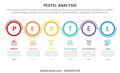 pestel business analysis tool framework infographic with outline circle on horizontal direction 6 point stages concept for slide presentation