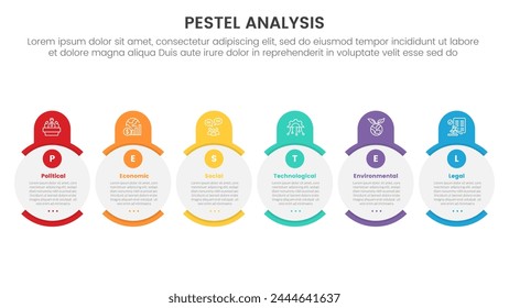 infografía de la herramienta de análisis de negocios pestel con círculo creativo y encabezado redondo en dirección Horizontal concepto de etapas de 6 puntos para presentación de diapositivas