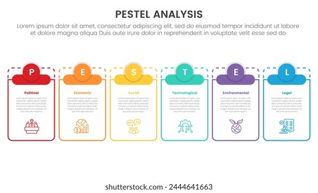 pestel business analysis tool framework infographic with big outline table and small circle header top 6 point stages concept for slide presentation