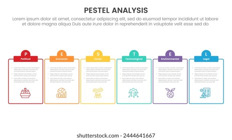 pestel business analysis tool framework infographic with outline table and half circle header 6 point stages concept for slide presentation