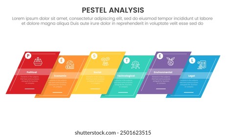 pestel business analysis tool framework infographic with skew box sledge with up and down with 6 point stages concept for slide presentation vector