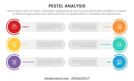 pestel business analysis tool framework infographic with round rectangle and circle edge with 6 point stages concept for slide presentation vector