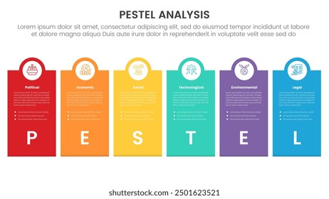 pestel business analysis tool framework infographic with big box and outline circle top with 6 point stages concept for slide presentation vector