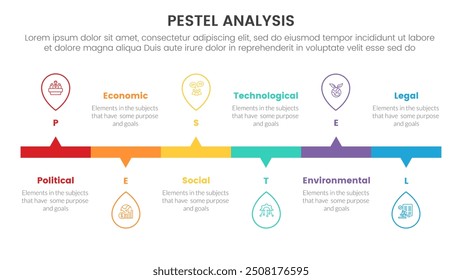pestel business analysis tool framework infographic with horizontal timeline outline up and down style 6 point stages concept for slide presentation vector