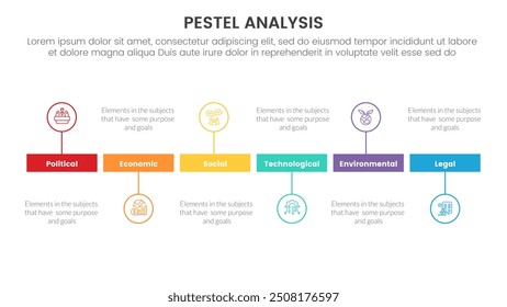 pestel business analysis tool framework infographic with timeline horizontal line outline circle up and down style 6 point stages concept for slide presentation vector