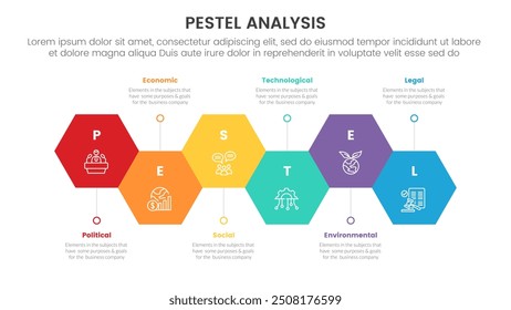 Infografía del marco de herramientas de análisis empresarial de Pestel con línea de tiempo hexagonal hacia arriba y hacia abajo Estilo Concepto de etapas de 6 puntos para el Vector de presentación de diapositivas