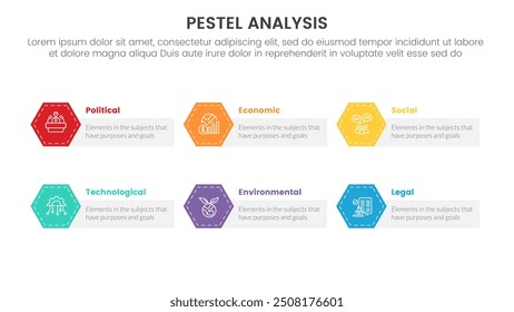 estrutura de ferramentas de análise de negócios pestel infográfico com borda hexágono e estilo de caixa de retângulo 6 conceito de estágios de ponto para vetor de apresentação de slide