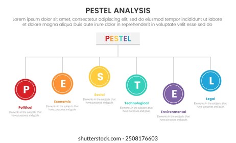 Infografía del marco de herramientas de análisis empresarial de Pestel con estructura de línea circular Estilo de conexión de organización Concepto de 6 etapas puntuales para presentación de diapositivas Vector