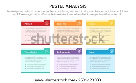 pestel business analysis tool framework infographic with small table box with strong header badge with 6 point stages concept for slide presentation vector