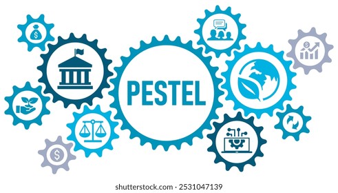 Conceito de Pestel banner web icons . conceito de ilustração vetorial . com ícones de política, econômica, social, tecnológica, meio ambiente, legal, sustentabilidade, sobre fundo branco.