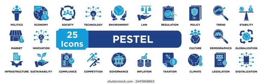 PESTEL-Icon-Sammlung. Enthaltend Politik, Wirtschaft, Gesellschaft, Technologie, Umwelt, Recht, Regulierung, Politik, Trend, Stabilität Symbol. Doppeltonvektor.	
