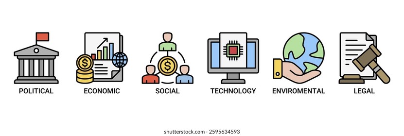 Pestel icon set. Vector illustration concept of political economic social technological environmental legal with icon of governance, finance, network, automation, ecology, law statement icons.