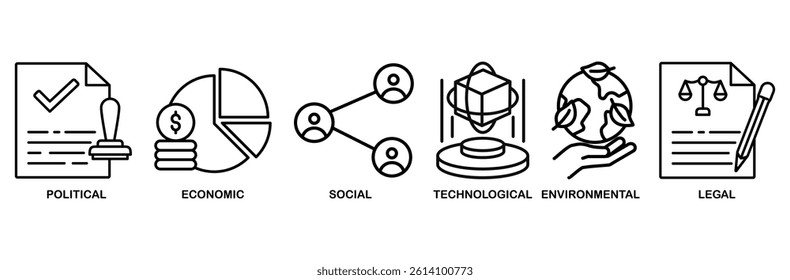 Pestel icon set vector illustration concept of political economic social technological environmental legal with icon of governance, finance, network, automation, ecology, law statement