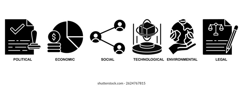 Conjunto de iconos de Pestel Concepto de Ilustración vectorial de política económica social tecnológica ambiental legal con ícono de gobernanza, finanzas, redes, automatización, ecología, declaración de leyes