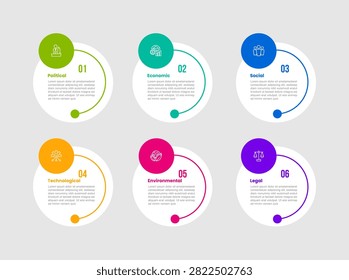 pestel infographic template with six standalone circle badge loop connector grid, flat style