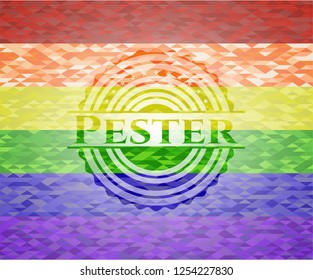 Pester emblem on mosaic background with the colors of the LGBT flag