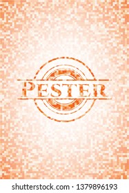Pester orange tile background illustration. Square geometric mosaic seamless pattern with emblem inside.