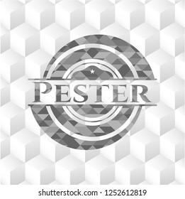 Pester realistic grey emblem with geometric cube white background
